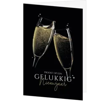 Kerstkaart met champagneglazen en nieuwjaarswens