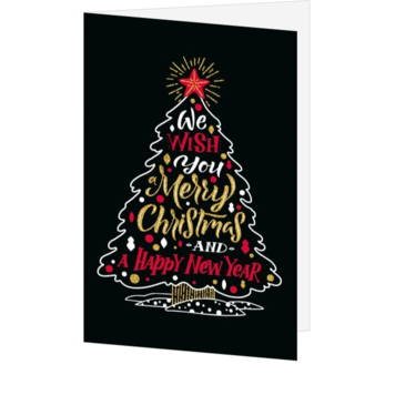 Kerstkaart met typografische kerstboom en goudaccenten