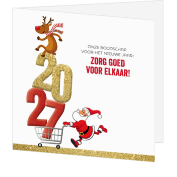 Kerstkaart met rendier, kerstman en 2021