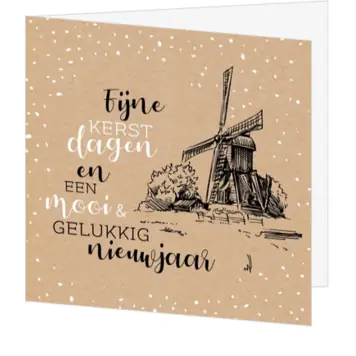 Kerstkaart met molen op kraftlook en sneeuw