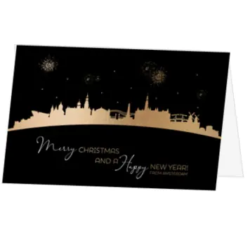 kerstkaart met Amsterdamse skyline en vuurwerk