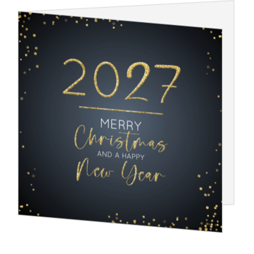 Kerstkaart met gouden 2027 en feestelijke confetti