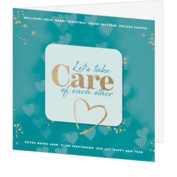 Kerstkaart met hartjes en gouden typografie
