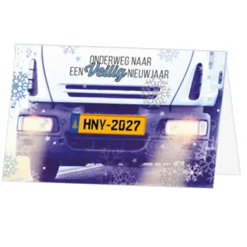 Kerstkaart met vrachtwagen en jaartal 2027