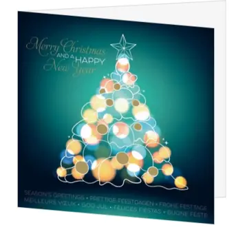 Kerstkaart met lichtjes, ster en moderne kerstboom