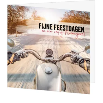 kerstkaart met motor op besneeuwde weg en jaartal 2027