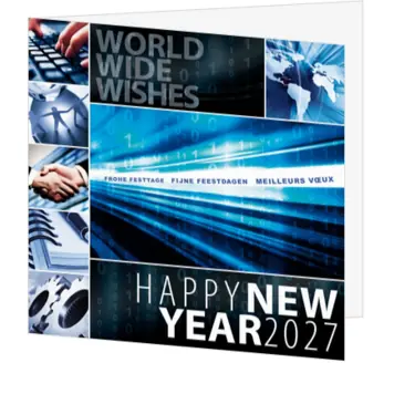 kerstkaart met wereldkaart, technologie en 2027