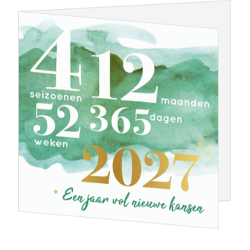 Kerstkaart met 2027 in goudfolie en aquarel