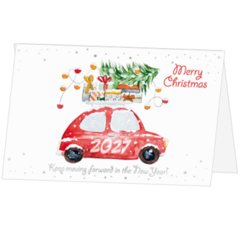 Kerstkaart met rode auto, kerstboom en 2027