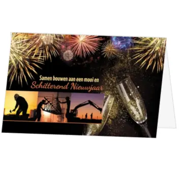 Kerstkaart met vuurwerk, champagne en stralend nieuwjaar