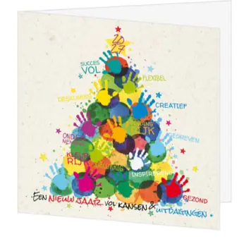 Kerstkaart met kleurrijke handjes kerstboom en 2027