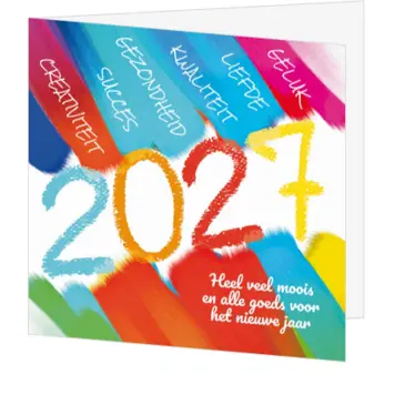 kerstkaart met kleurrijke penseelstreken en 2027