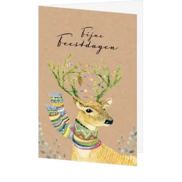 kerstkaart met hert in aquarel op kraftlook