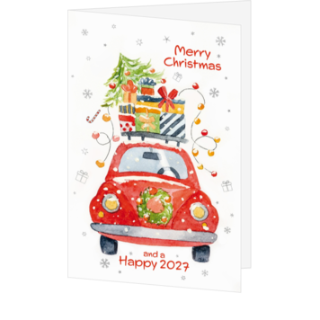 Kerstkaart met rode auto, cadeaus en 2027