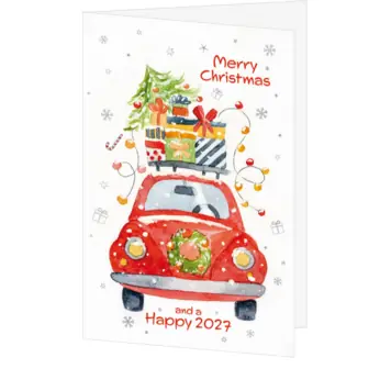Kerstkaart met rode auto, cadeaus en 2027