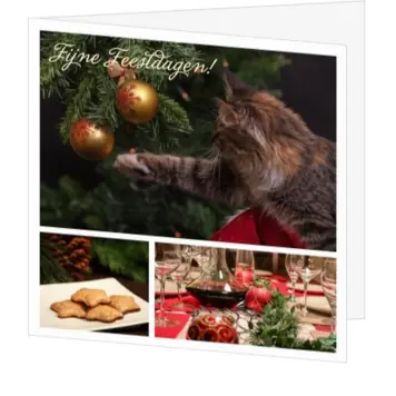 kerstkaart met kat, kerstboom en feestelijke tafel