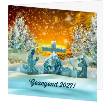kerstkaart met christelijke kerststal in winters landschap