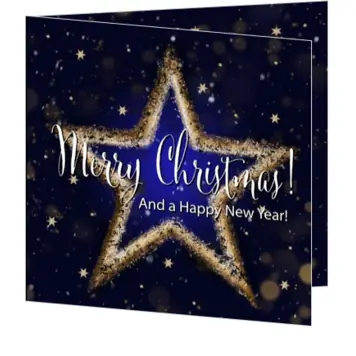 kerstkaart met oplichtende ster in blauw en goud