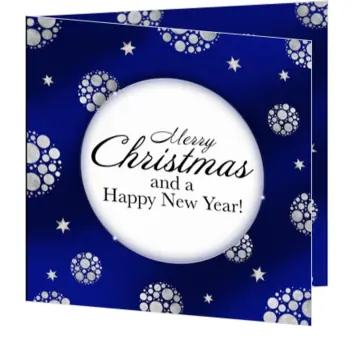 Kerstkaart met zilveren cirkels op blauwe achtergrond