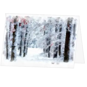 Kerstkaart met aquarelafbeelding van besneeuwd bospad