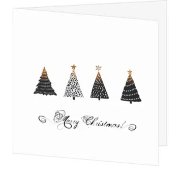 kerstkaart met zwarte kerstbomen en gouden gloed