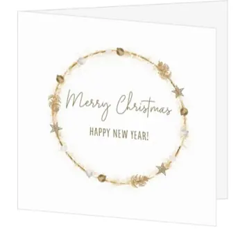 kerstkaart met gouden kerstkrans en sterren