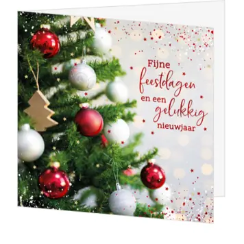 Kerstkaart met kerstboom, kerstballen en foliedruk