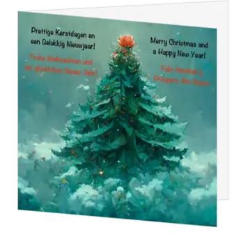kerstkaart met kerstboom in de sneeuw en internationale kerstwensen
