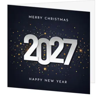 kerstkaart met jaartal 2027 en goudkleurige sterren