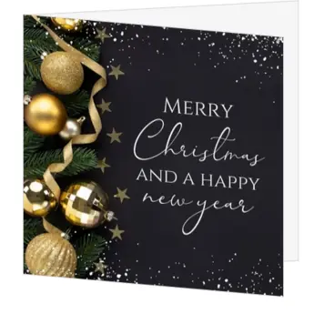 Kerstkaart met gouden kerstballen en sterren