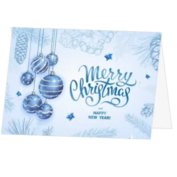 Kerstkaart met blauwe kerstballen en sierlijke kerstgroet