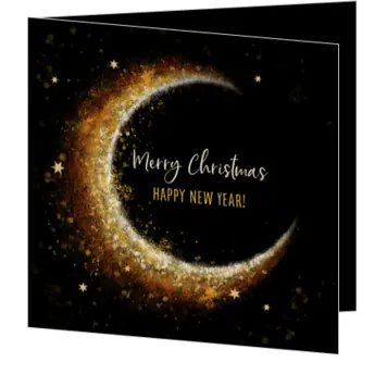 kerstkaart met gouden maan en sterren op zwart