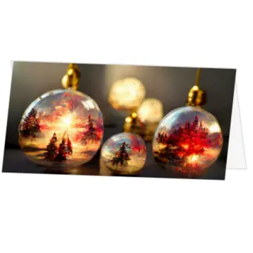 Kerstkaart met rode kerstbomen in gouden kerstballen