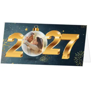 kerstkaart met foto in kerstbal en gouden 2027