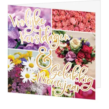Kerstkaart met bloemen en goudkleurige nieuwjaarswens