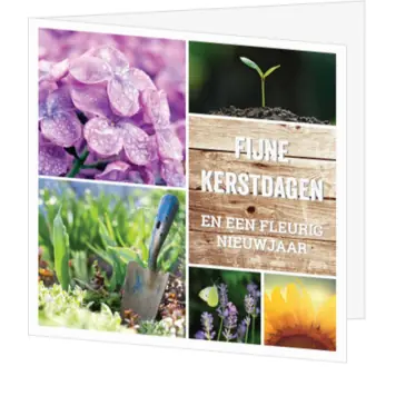 kerstkaart met bloemen, houtlook en tuinfoto’s