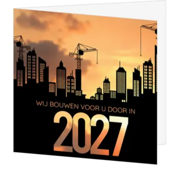 kerstkaart met skyline, bouwkranen en jaartal 2027