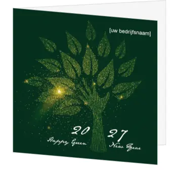 kerstkaart met groene boom van gouden lichtpuntjes 2027