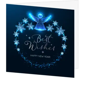 kerstkaart met blauwe engel en sneeuwvlokken