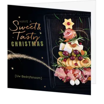 kerstkaart met culinaire kerstboom en gouden accenten