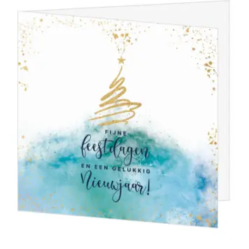 Kerstkaart met goudkleurige kerstboom en blauwe waterverf