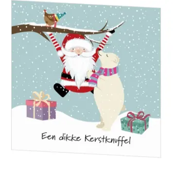 Kerstkaart met kerstman, ijsbeer en vallende sneeuw