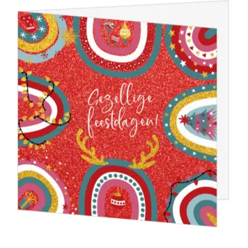 kerstkaart met feestelijke regenbogen en rode glitterlook