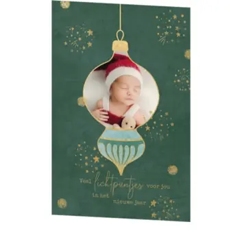 kerstkaart met foto in kerstbal en gouden sterren