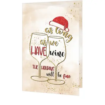 kerstkaart met wijnglazen en kerstmuts