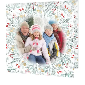 kerstkaart met foto en winterse takjeskrans