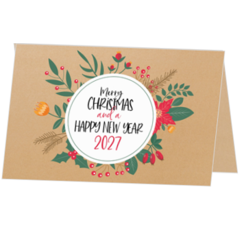 Kerstkaart met winterbloemen en 2027