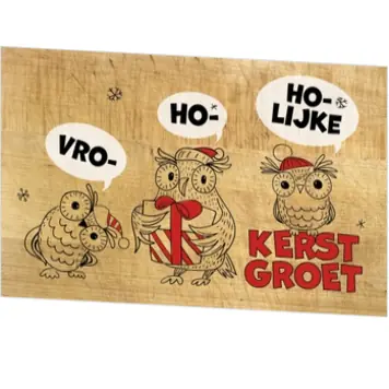 Humoristische kerstkaart met uiltjes op houten achtergrond
