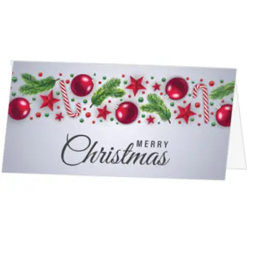 Kerstkaart met rode kerstballen en kerstzuurstokjes