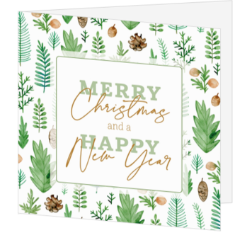 Kerstkaart met botanisch patroon en stijlvolle kerstgroet